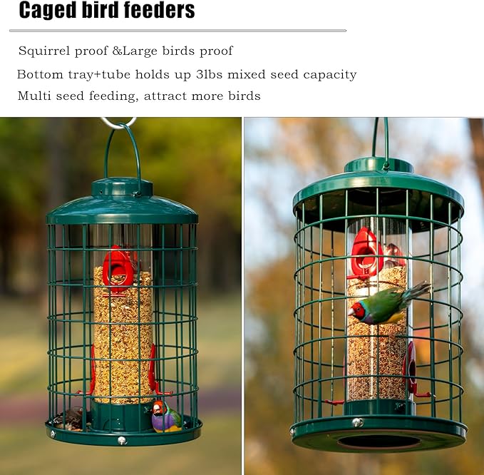 Mosloly Caged Bird Feeder for Wild Birds Outside, Large Squirrel-Proof Heavy-Duty Metal Hanging Tube Bird Feeder, 4 Feeding Ports, 13.2'' High, 3LB Seed Capacity (Green)