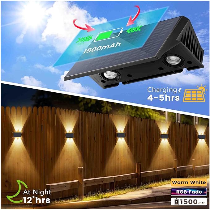 Fence Lights Solar Powered, 2-Pack Solar Fence Lights Up/Down Flexible Buttons, IP67 Waterproof for Outdoor, 100LM Bright, Auto Dusk to Dawn for Wall/Stairs/Yard/Railing/Deck/Pathway (White & RGB)