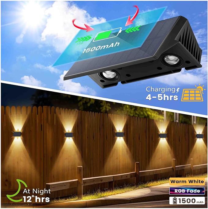 Fence Lights Solar Powered, 6-Pack Solar Fence Lights Up/Down Flexible Buttons, IP67 Waterproof for Outdoor, 100LM Bright, Auto Dusk to Dawn for Wall/Stairs/Yard/Railing/Deck/Pathway (White & RGB)