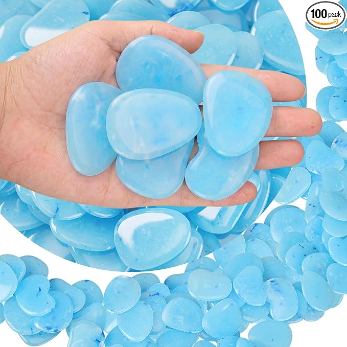 Landical 100 Pcs 1.8 Inch Large Glow in The Dark Rocks Pebbles Outdoor Fish Tank Rocks Aquarium Gravel Luminous Stones for Walkway Succulent Plant Halloween Decor (Blue)