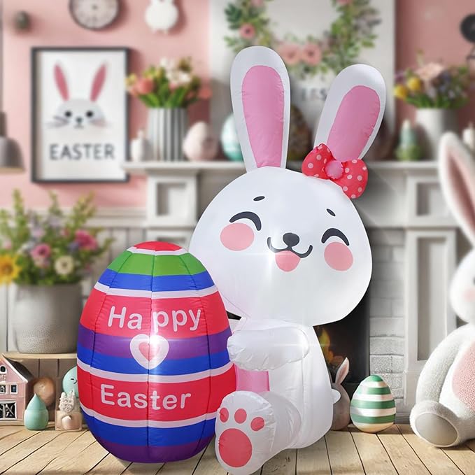 Easter Inflatables White Bunny Rabbit Hold Colorful Egg Lighted Easter Blow Up Decoration Yard Garden Lawn Outdoor Decoration Front Door Holiday Decor