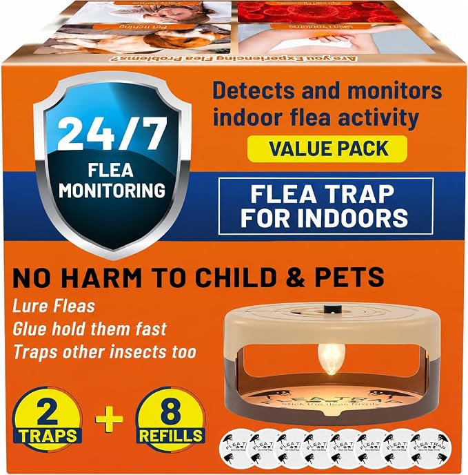 2 Pack Flea Traps for Inside Your Home, Indoor Flea Light Trap with 8 Sticky Pads & 4 Replacement Bulbs, Indoor Flea Trap Sticky Insect Catcher for Fleas, Moths & Gnats