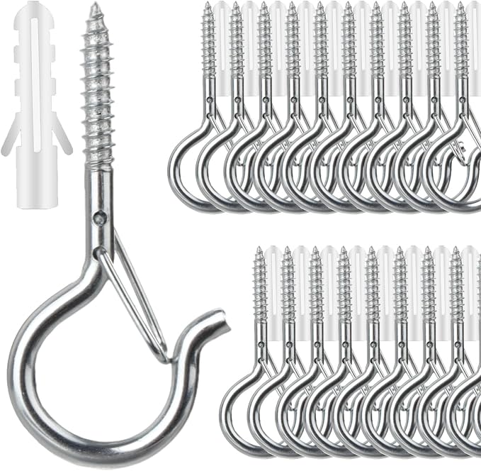 FSAH 25 PCS Screw-in Hooks for Outdoor String Lights, Q Hangers Hooks Outdoor for Outside, Swivel Hanging Basket Patio Light Hooks with Safe Buckle Screw in Planter Eye Hook for Wall Ceiling, Silver