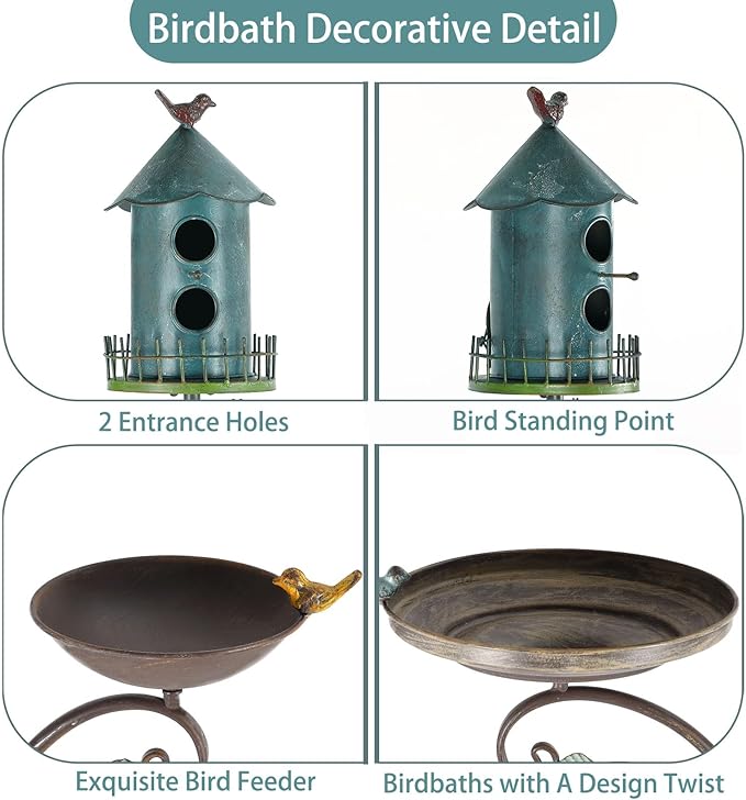 Metal Bird Bath Feeder and Houses for Outdoors, Birdbaths for Outside with 4-Prong Stake, 3 in 1 Free Standing with Blue House on Pole for Garden Patio Yard Lawn