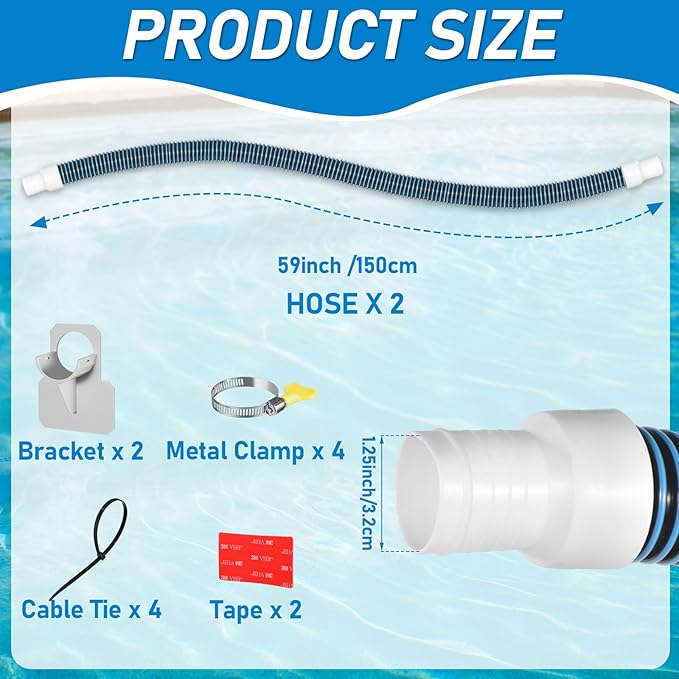 2Pack 1.25×59in EVA Pool Professional Hoses with 2026 Upgrade Flexible Tube Head and 2 Brackets for Above Ground Swimming Pools Pump Replacement Vacuum Heavy Duty Hose Pool Supply (Blue)