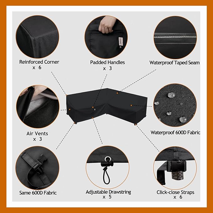Heavy Duty Outdoor Sectional Sofa Cover, Waterproof 600D Patio Sectional Couch Protector, Lawn Patio Furniture Covers (Midnight Black, V-Shaped-90 x 90")