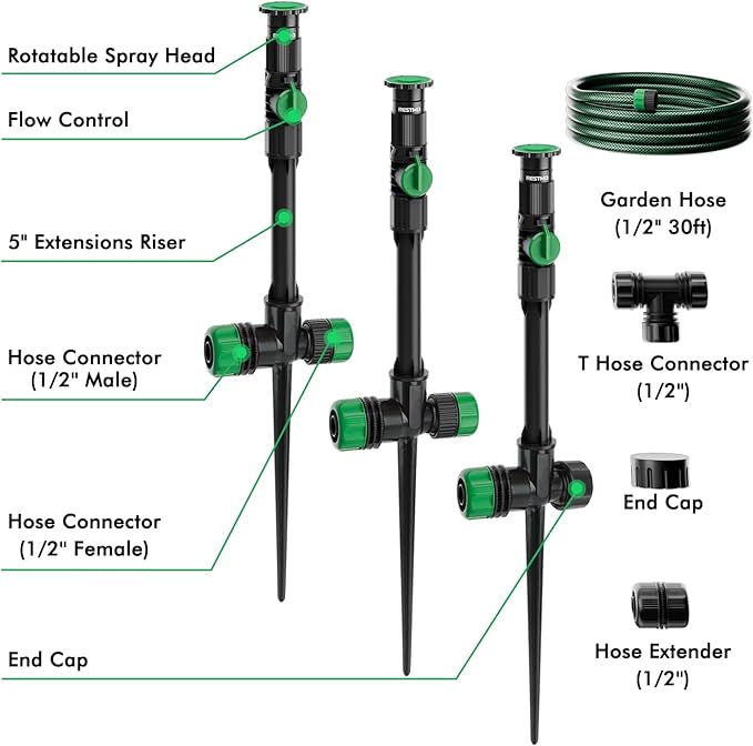 RESTMO Above Ground Sprinkler System,Irrigation Sprinklers for Yard,Green | DIY Flexible Metal Spike Sprinkler, Tool-Free, Adjustable Angle/Flow, 3 Sprinklers & 30ft Hose, Ideal for Plants & Gardens