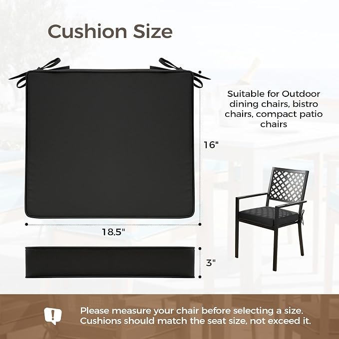 UNIKOME Outdoor Chair Cushions Set of 4, Water Resistant Patio Seat Cushions with Ties for Outdoor Furniture, High-Density Foam, UV & Fade Resistant, Piped Edge – 18.5" x 16" x 3", Black