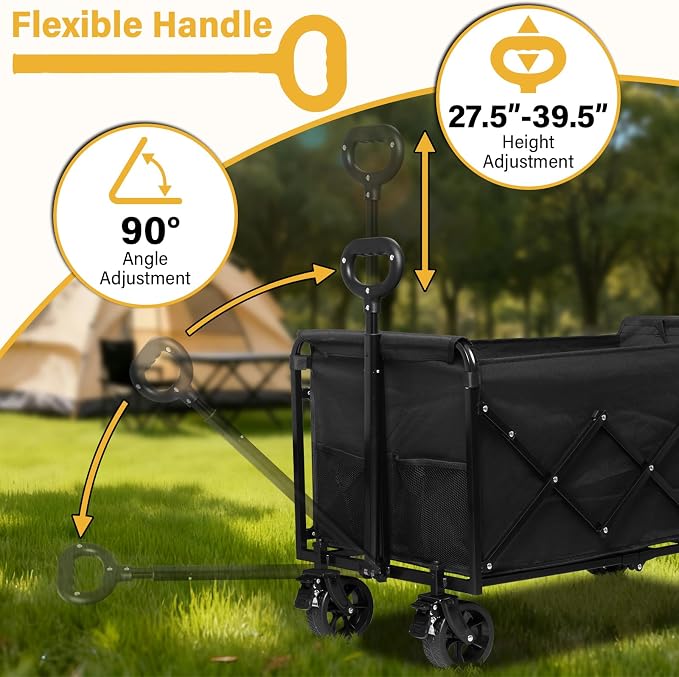 Collapsible Wagons Carts Foldable Wagon, 500LBS Collapsible Wagon Cart Foldable with Wheels & Brakes, Large Heavy Duty Folding Wagon Cart Utility for Camping, Picnic, Beach, Grocery, Sport, Shopping
