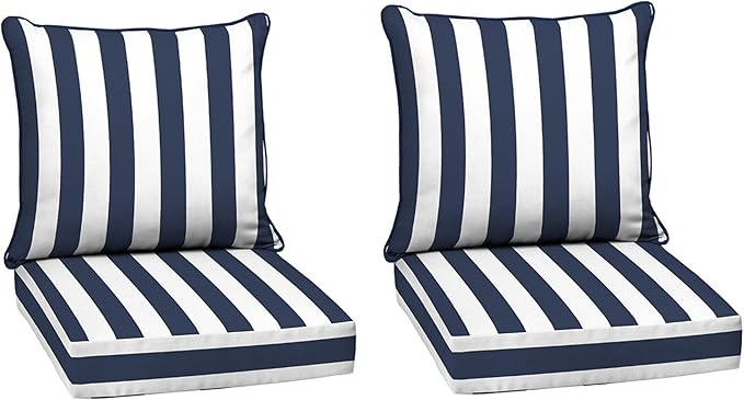 Arden Outdoor Deep Seat Cushion Set (2-Pack), 24 in x 24 in, Weather-Proof, Rain-Proof, Fade Resistant Patio Cushion for Chair, Sofa, and Couch Sapphire Blue Cabana Stripe