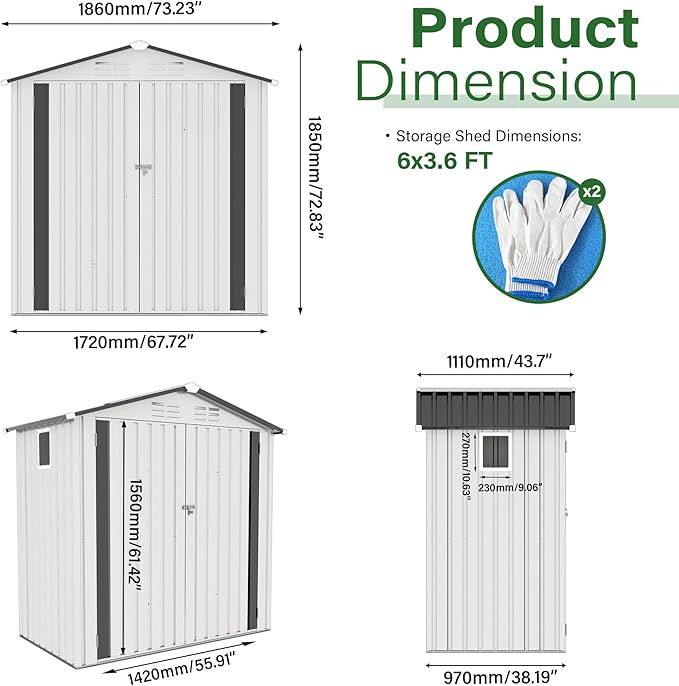 6x3.6FT Metal Storage Shed Outdoor Garden Tool Shed, Galvanized Steel Weather Resistant Backyard Organizer, Lockable Utility Storage House for Patio Courtyard with Ventilation & Skylight Design
