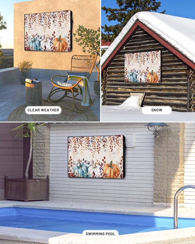 Outdoor TV Cover for Outside Flat Screen,Retro Autumn Pumpkin Eucalyptus Leaves,600D Thick Waterproof Weatherproof Outdoor TV Screen Protector with Zipper for 52 to 55 Inch Flat Screens