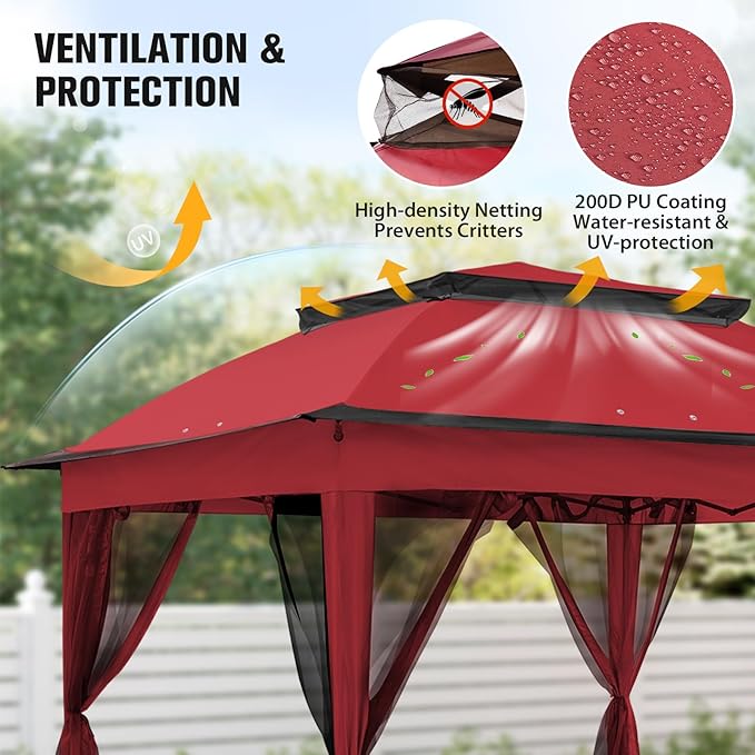 COOS BAY Pop up Gazebo 11x11, Instant Canopy Tent with Mesh Netting, Patio Gazebo with 121 Square Feet of Shade, 4 Weight Bags Included, Red