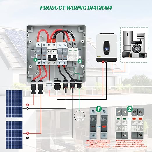 2 in 1 Out Solar Combiner Box,PV Combiner Box with 20A PV Fuse,DC 40A Circuit Breaker and Surge Protector,IP65 Solar Disconnect Switch Box for Indoor Outdoor Solar Panel System (2 in 1 Out 20A 500V)