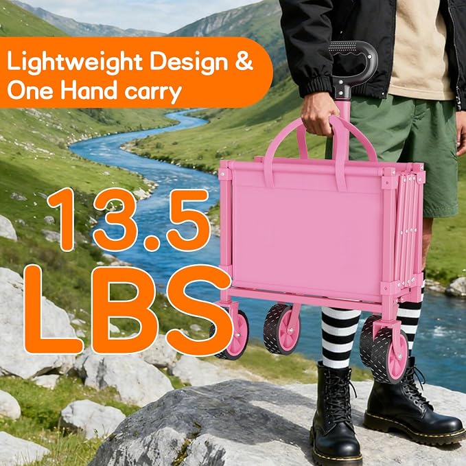 35" L Extra Long Wagons Carts Foldable, 360LBS Heavy Duty Collapsible Wagon with Wheels, Folding Wagon Portable Utility Cart for Groceries, Shopping, Camping, Sports (Pink, 180L)