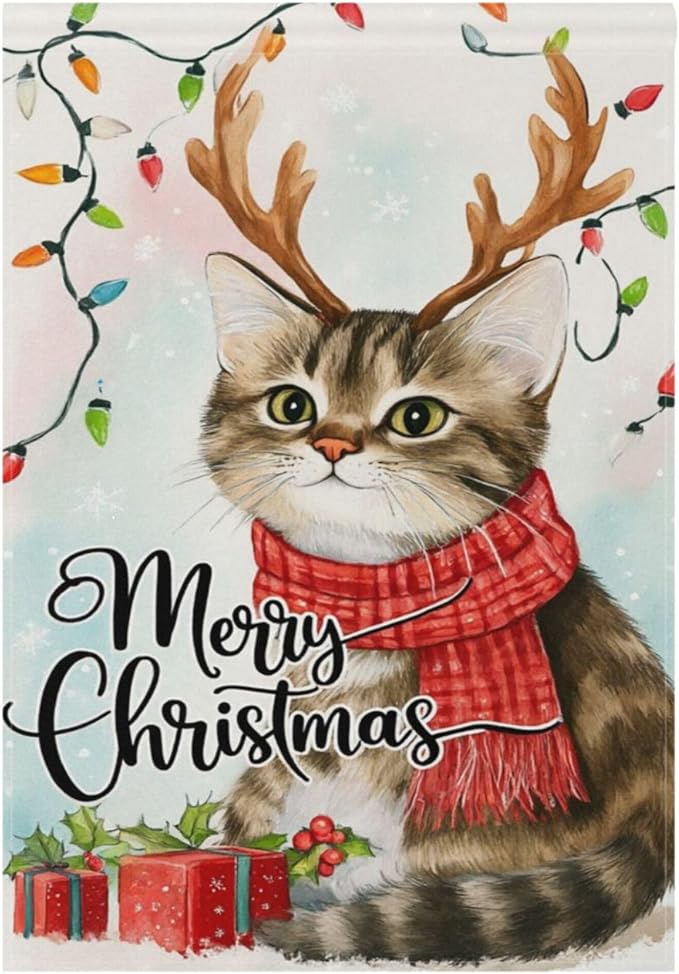 Merry Christmas Cat House Flag 28x40 Inch Double Sided Outside Xmas Reindeer Kitty Winter Seasonal Yard Outdoor Flag Banner for Garden Lawn Patio Holiday Decorations