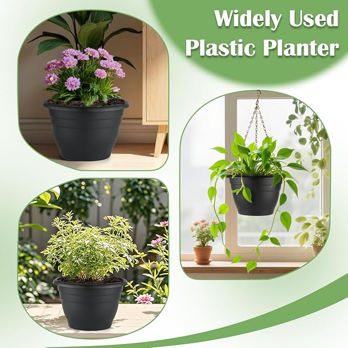 RooTrimmer 3 Pack 11 Inch Plant Pots for Indoor Outdoor,Plastic Floor Planters with Drainage Holes,Lightweight Durable Flower Pots for Home,Patio & Garden(Black)