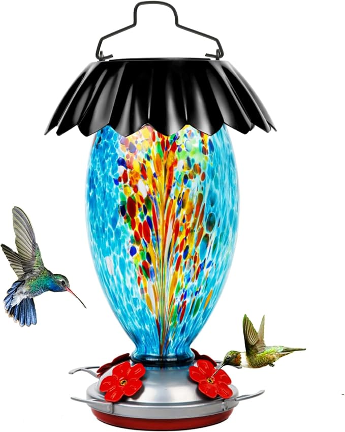 Solar Hummingbird Feeder for Outdoors Hanging Colorful Lighting 32 Oz Hand Blown Glass Hummingbird Feeder for Garden Decoration with Accessories (Color)