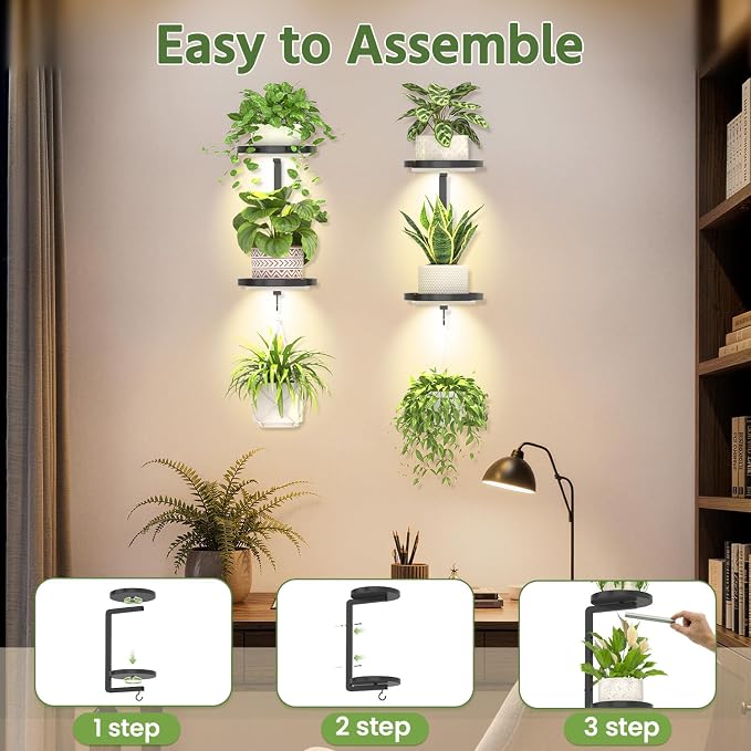LASZOLA Plant Hangers Shelves Wall Mounted Indoor with Grow Lights, Metal Window Plant Holders, 2Pcs Modern Floating Flower Display Stand with 2 Hooks for Outdoor Kitchen Bathroom Decor, Dark Grey