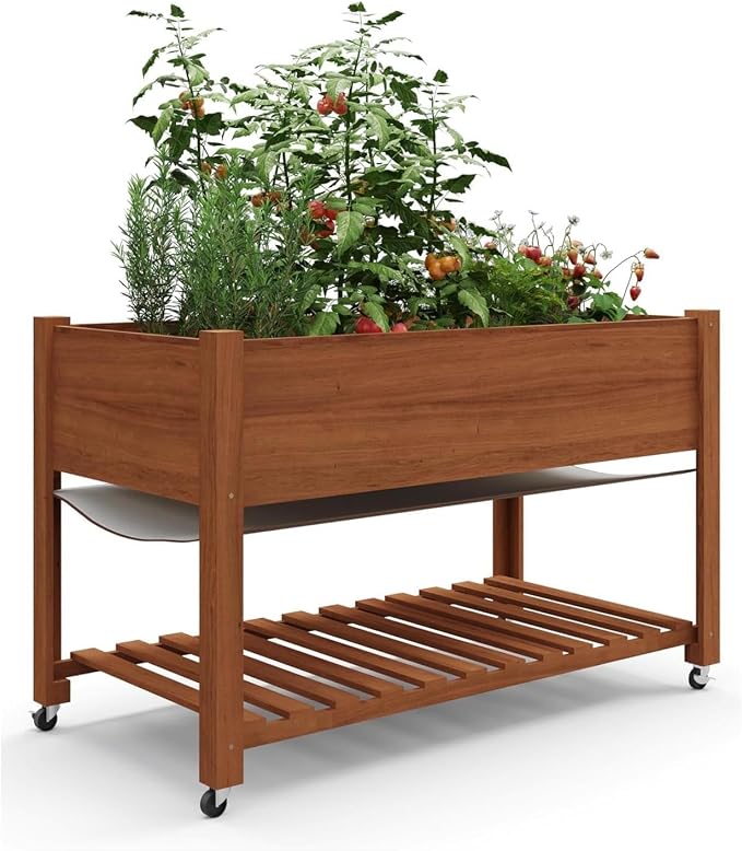 GarveeLife 48x24x32-Inch Mobile Elevated Garden Bed with Lockable Wheels & Storage Shelf, Tall Wood Planter Box with Liner for Easy Gardening, Patio, Deck-Acorn Brown