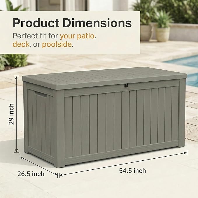 151 Gallon Resin Deck Box with Lockable Lid – Heavy-Duty Outdoor Storage for Patio Furniture, Garden Tools, Pool Accessories, BBQ Supplies – All-Weather Wood Grain Design