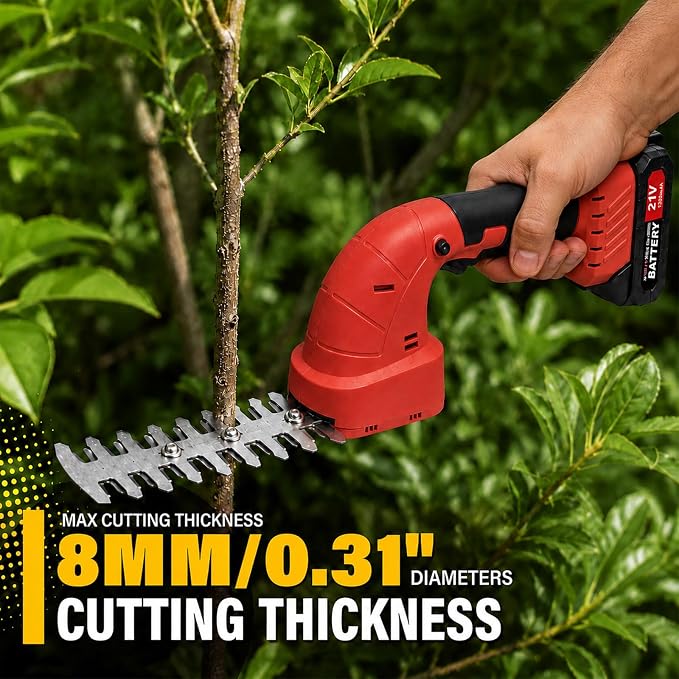 2-in-1 Cordless Hedge Trimmer & Grass Shear, 21V, Red | Lightweight Handheld, Small Yard Lawn Edging, Easy One-Hand Pruning for Women & Seniors, 2 Batteries & Charger