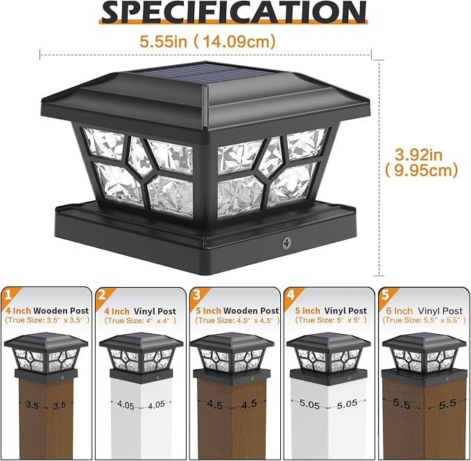 SIEDiNLAR Solar Post Lights Outdoor 2 Pack 4 Modes 40 LEDs Deck Fence Post Cap Light for 4x4 5x5 6x6 Wooden/Vinyl Posts Patio Decor, Warm/White Dynamic Lighting (Black)