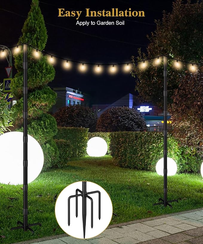 10Ft String Light Poles for Grass & Soil, Outdoor Light Stand with 5-Prong Fork Base, Heavy-Duty Metal Poles for Backyard, Garden & Patio Party Lighting, Rustproof & Adjustable, 2 Pack