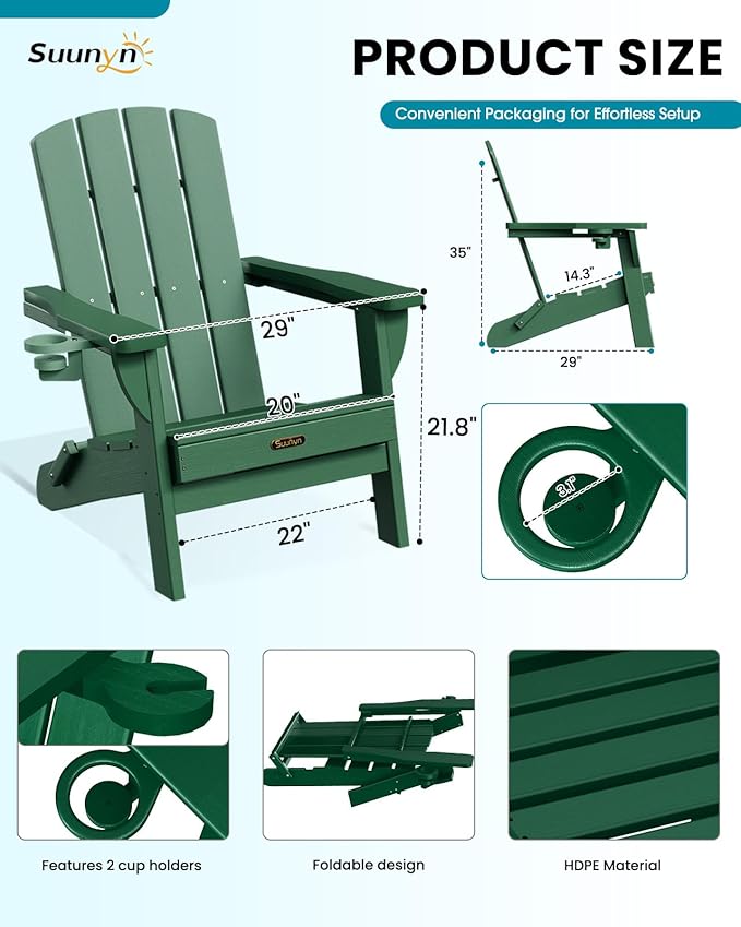 Folding Adirondack Chair 2 Pack, HDPE All-Weather Fire Pit Chairs, Plastic Adirondack Chairs with 2 Cup Holder, Outdoor Lawn Chair for Patio Garden (Green)