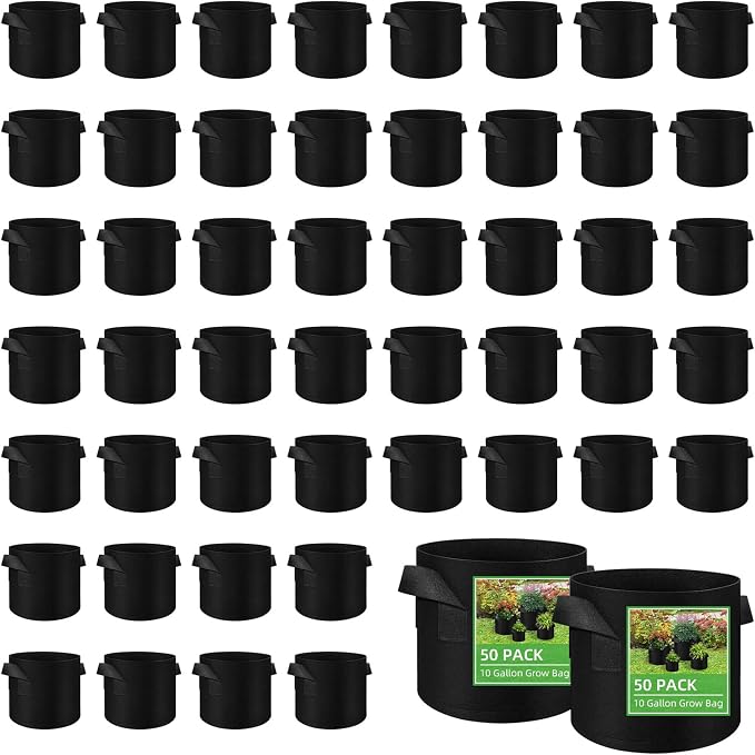 50 Pack 10 Gallon Plant Grow Bags, Breathable Felt Non-Woven Aeration Fabric Plant Grow Pots, Garden Planting Containers for Nursery Vegetable Flower Grow Bags with Handles (15.7x11.8inch)
