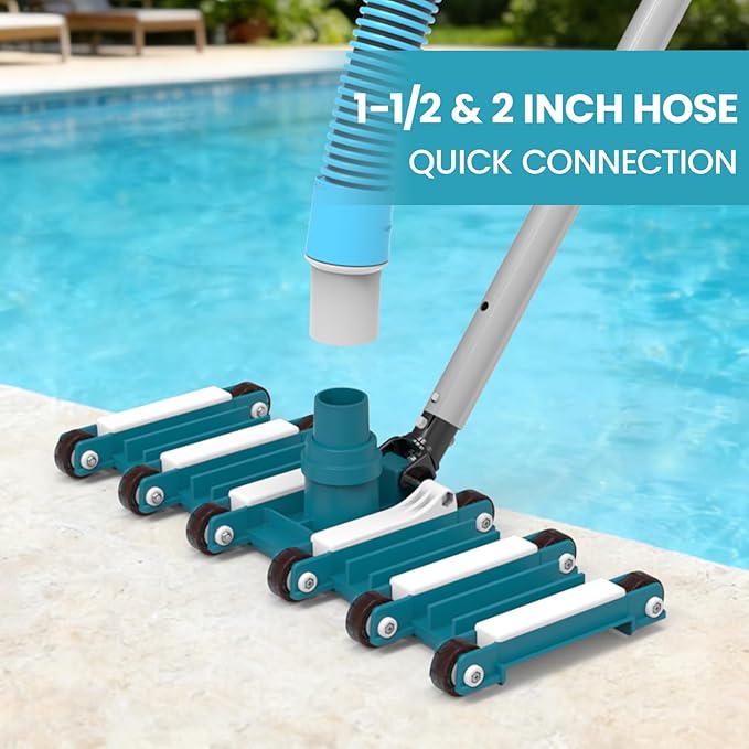 POOLWHALE 19" Heavy Duty Flexible Pool Vacuum Head with Wheels, Extra-Wide, Swivel Direction-Control Aluminum Handle for Swimming Pools - Faster Cleaning, Easier Debris Removal