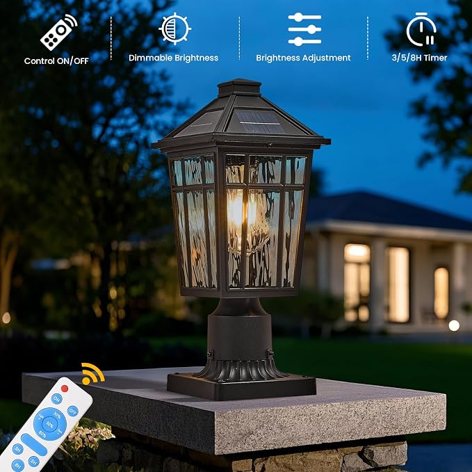 Solar Lamp Post Light Outdoor Waterproof Black Aluminum with Water Ripple Glass 13.6 Inch Height Solar Pole Lights for Garden, Patio, Pathway Include Remote Control and LED Bulb