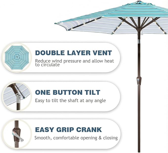 9FT Patio Umbrella with Solar Lights,Outdoor Market Umbrella with Tilt and Crank, LED Lighted Table Umbrella for Garden,Deck,Backyard,Pool,Beach