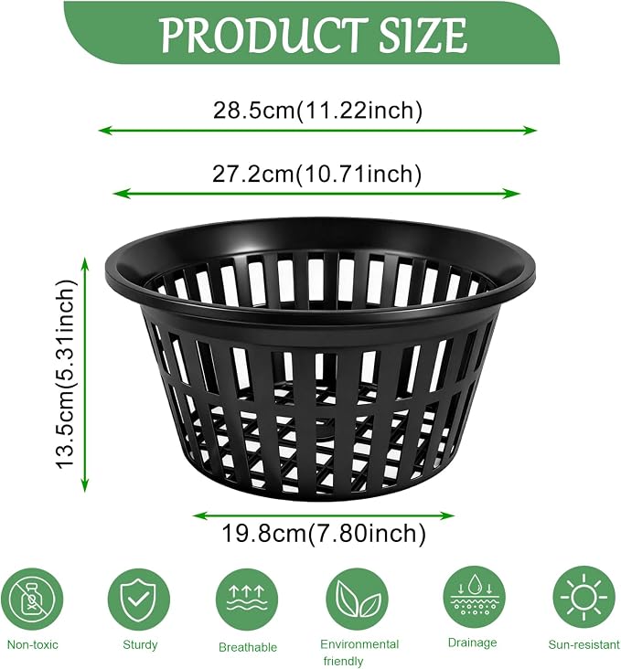 5 Pack 11 Inch Heavy Duty Hydroponic Net Pots, Black Strong Plastic Slotted Mesh Baskets for Orchids, Staghorn Ferns and Airy Grid Planters, with Support Wire