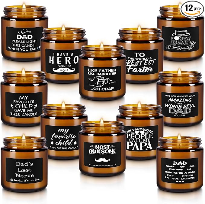 12-Pack Amber Jar Father's Day,Scented Candles, Gift for Dad 3.5oz, Natural Soy Wax and Premium Essential Oils. Ideal for Study Home & Office Aromatherapy.