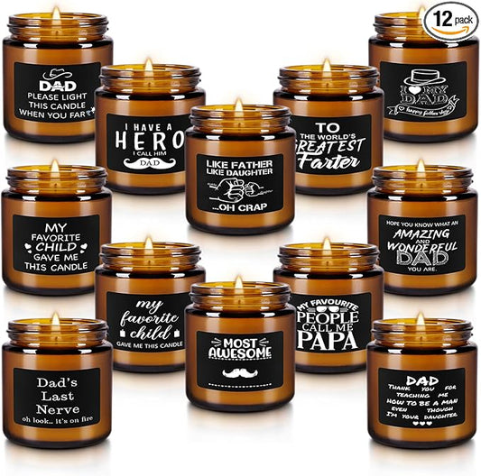 12-Pack Amber Jar Father's Day,Scented Candles, Gift for Dad 3.5oz, Natural Soy Wax and Premium Essential Oils. Ideal for Study Home & Office Aromatherapy.