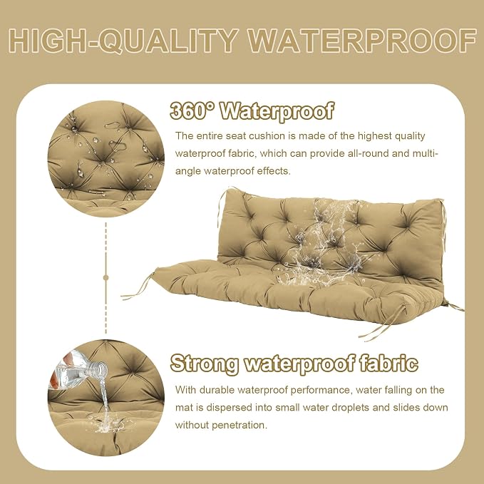 Premium 5"Thick Waterproof Outdoor Swing Cushions Sturdy Durable 2-3 Seat Replacement Porch Swing Cushions with Backrest&Ties Bench Cushion for Outdoor Furniture Backyard Patio(Khaki 60x40in)
