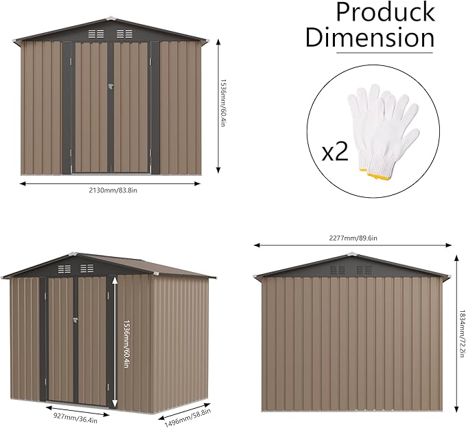 YOPTO 8x6 FT Outdoor Storage Shed,Waterproof Metal Cabinet with Apex Roof and Lockable,Storage Sheds House Shelter w/Vents,Tool House for Storing Bicycles,Lawnmowers,Brown