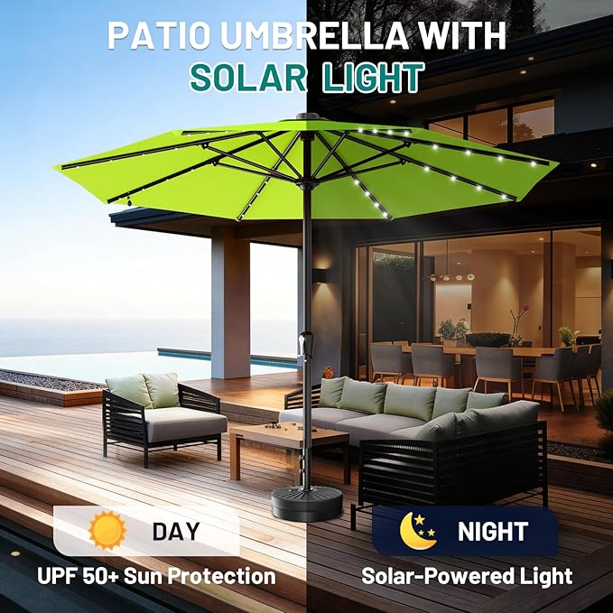 AreShark 11FT Large Patio Umbrella with Solar Lights, Lighted Solar Umbrella with Crank, Outdoor Table Market Umbrellas for Garden, Deck, Backyard, Pool and Beach, Apple Green