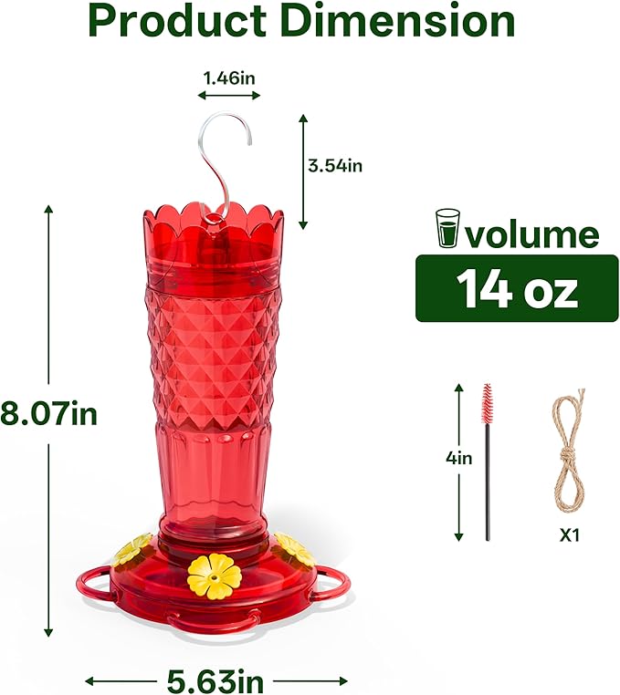 Plastic Hummingbird Feeders for Outdoors Hanging, 2 Pack 14OZ Ant & Bee Proof Humming Bird Feeder, 4 Feeding Ports Leak Proof Hummingbird Feeder for Outside Garden Decor, Gifts for Women Mom, Red