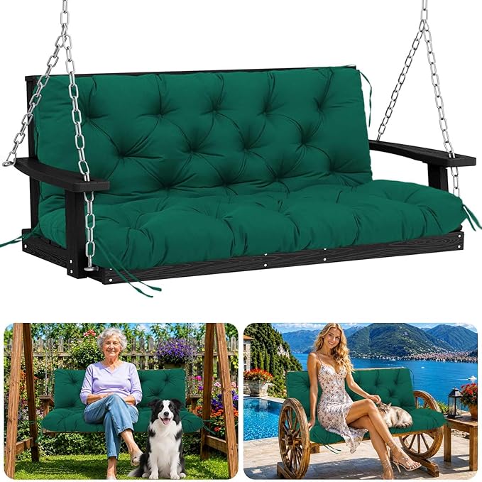 Porch Swing Cushions 60 inch Waterproof & Fade Resistant Thicken 5" Outdoor Swing Cushions 3 Seater Replacement with Backrest & Ties Patio Swing Cushions for Outdoor Furniture (Dark Green)
