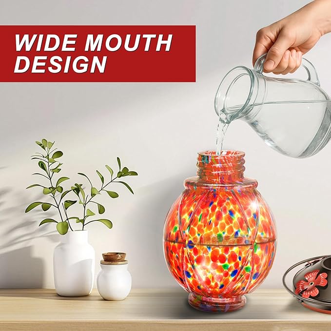 Hummingbird Feeders for Outdoors – 18 oz Hand Blown Glass Bird Feeder, Leakproof, Easy to Fill & Clean, Decorative Hanging Gift for Garden, Patio, Window, Mom or Gardener