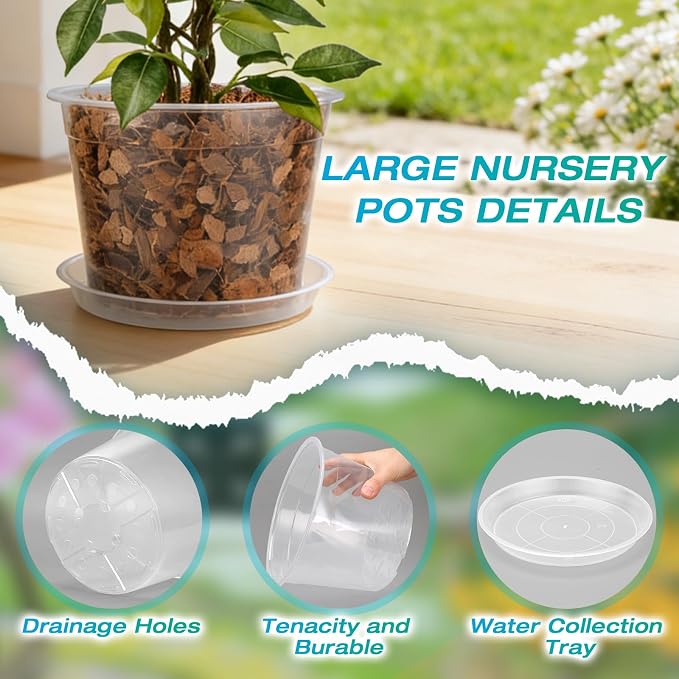 10 Inch Clear Nursery Pots with Drainage and Sacuers, 4 Pack Plastic Pots for Plants Indoor Outdoor, Large Clear Pots for Flowers, Succulents (10inx4pcs)