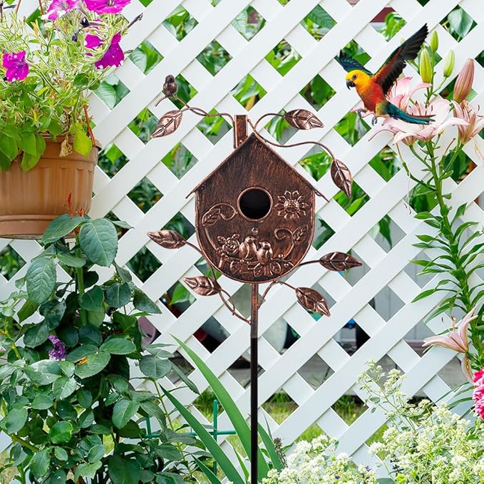 DREAMSOUL 48" Bronze Bird Houses for Outside Decorative Metal Birdhouse, Vintage Bird House Pole with 1.6" Entrance Hole for Patio, Yard, Garden