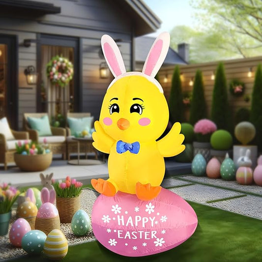 Easter Inflatable Chick On Egg Happy Easter Blow up Outdoor Decoration with LED Lights, Yard Garden Lawn Outdoor Decoration Front Door Holiday Decor (5Ft Chick Sits on Egg)