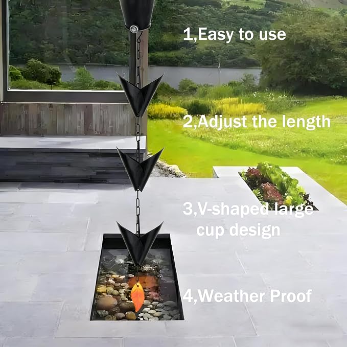 8.5FT Rain Chain for Gutters, Black Anti-Rust Iron Decorative Rain Chain for Outside, Leaf-Shaped Pieces Gutter Chain Replacement Downspout, Garden Water Catcher & Outdoor Garden Decor
