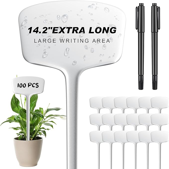 Weysat 100 Pack Outdoor Plant Markers 14.2 Inch Garden Labels with Pen Waterproof T Type Plastic Plant Tags Durable Nursery Garden Markers for Herbs Seed Pot Flowers Vegetable