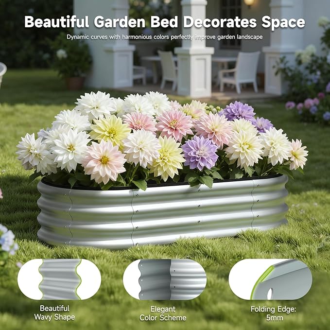 2PCS 4x2x1 FT Oval Metal Raised Garden Bed Kit, Elevated Garden Planter Box Outdoor, Trough Planter for Outdoor Plants, Flower, Vegetables, Fruit, Herbs (Silver)