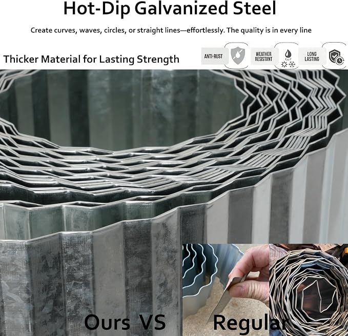A ANLEOLIFE 40FT Galvanized Steel Landscape Edging Roll, 4" Tall Sturdy Flexible Corrugated Metal Lawn Border for Garden, Pathway & Flower Beds, Silver