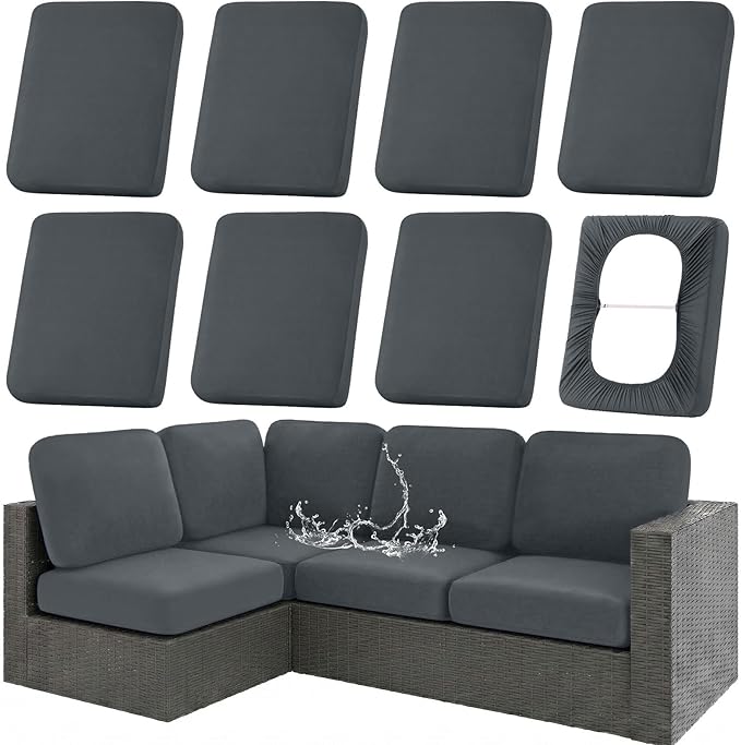 hyha Waterproof Outdoor Cushion Covers for Patio Furniture, Stretch Patio Chair Cushion Slipcovers, Coated UV Resistant Replacement Seat Covers, Solid Color (Dark Grey, 8PC)